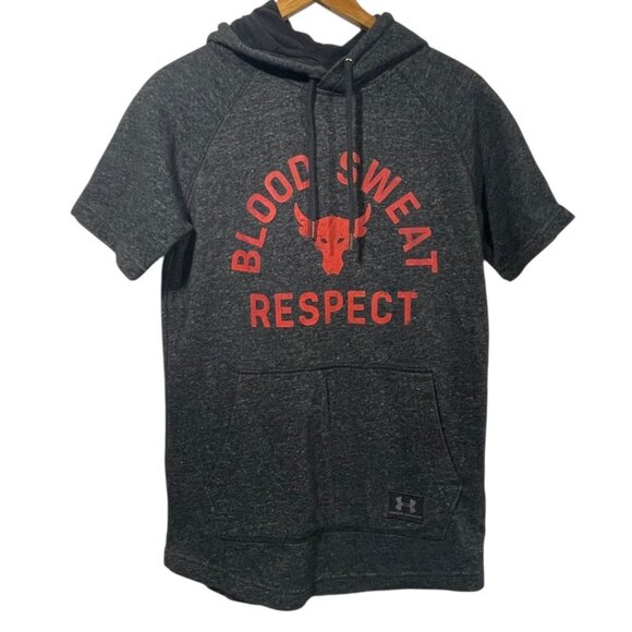 Under Armour Project Rock Short Sleeve Hoodie Mens Sz S Gray Blood Sweat Respect - Picture 2 of 7